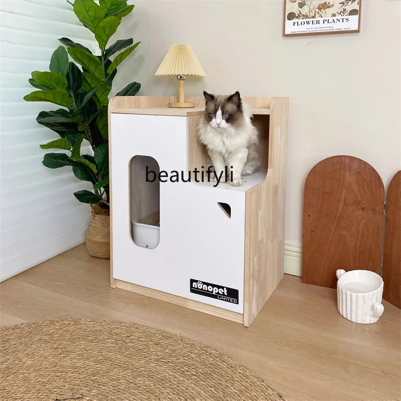 Pet Cat Solid Wood Toilet Leak-Proof Sand Splash Litter Box Cabinet Closed Deodorant Cabinet