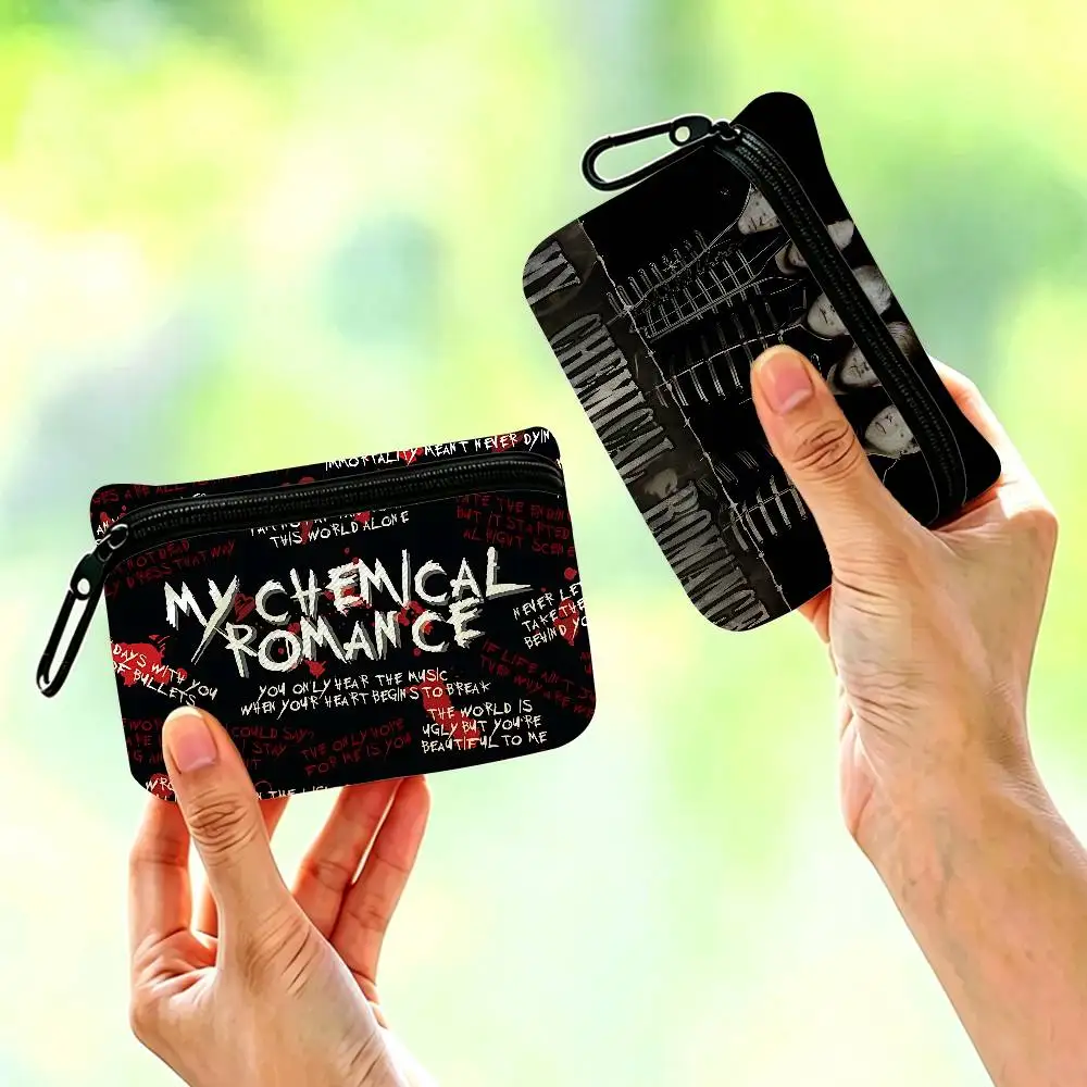 My Chemical Romance Rock Band Portable Mini Oxford Cloth Coin Purse With Carabiner Hook Zipper Key Card Earphone Storage Wallet