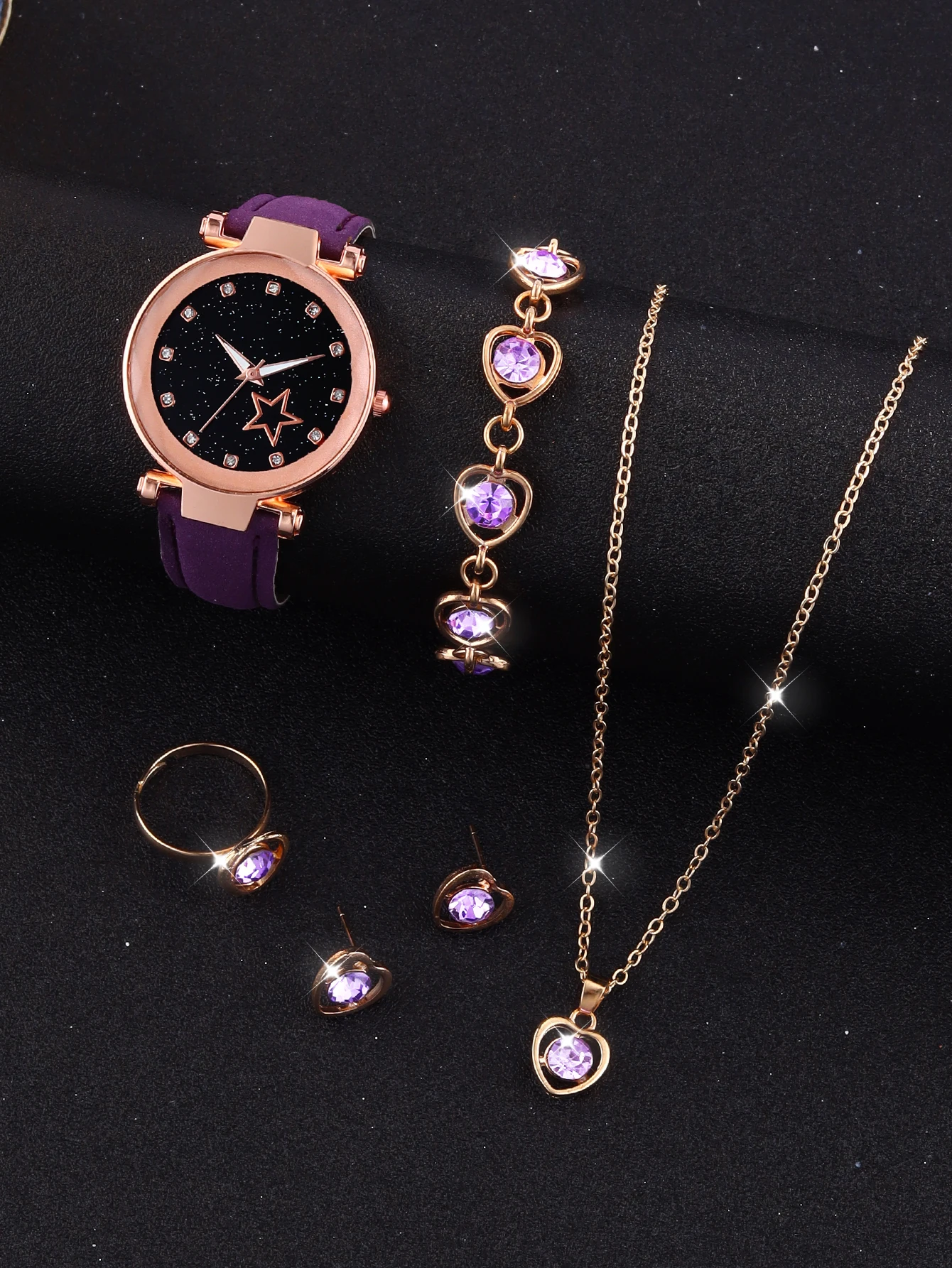 Purple fashion five-pointed star alloy leather women\'s quartz watch and purple hollow necklace set birthday gift wear pieces