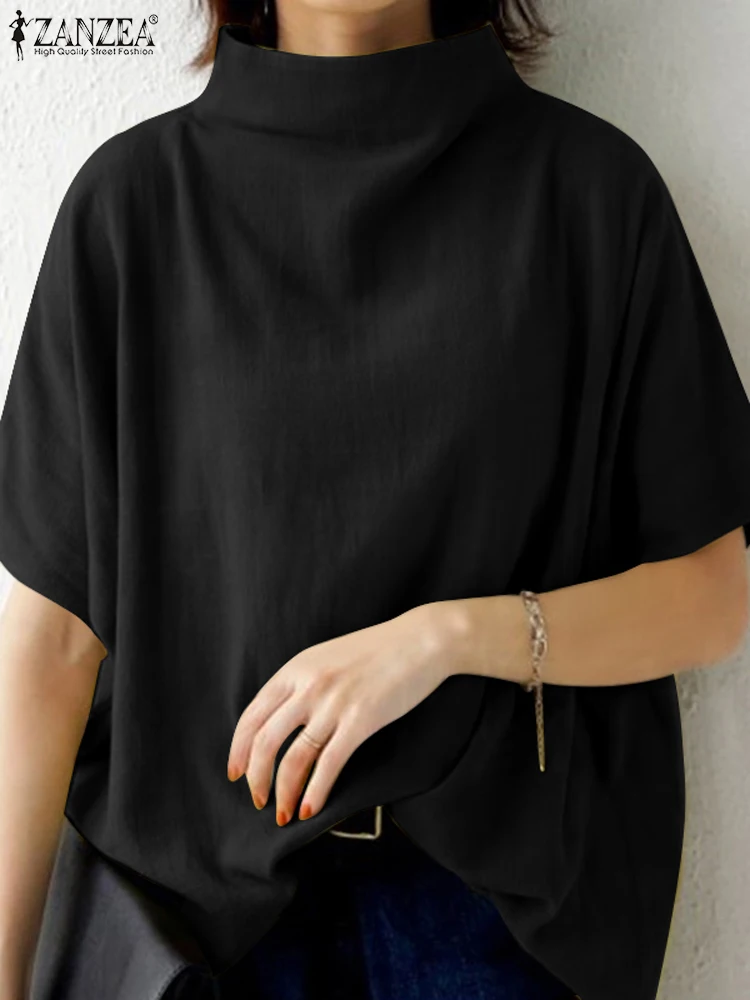 2023 ZANZEA Spring Turtleneck Half Sleeve Blouse Elegant OL Work Shirt Fashion Solid Loose Tops Oversize Casual Tunic Blusas