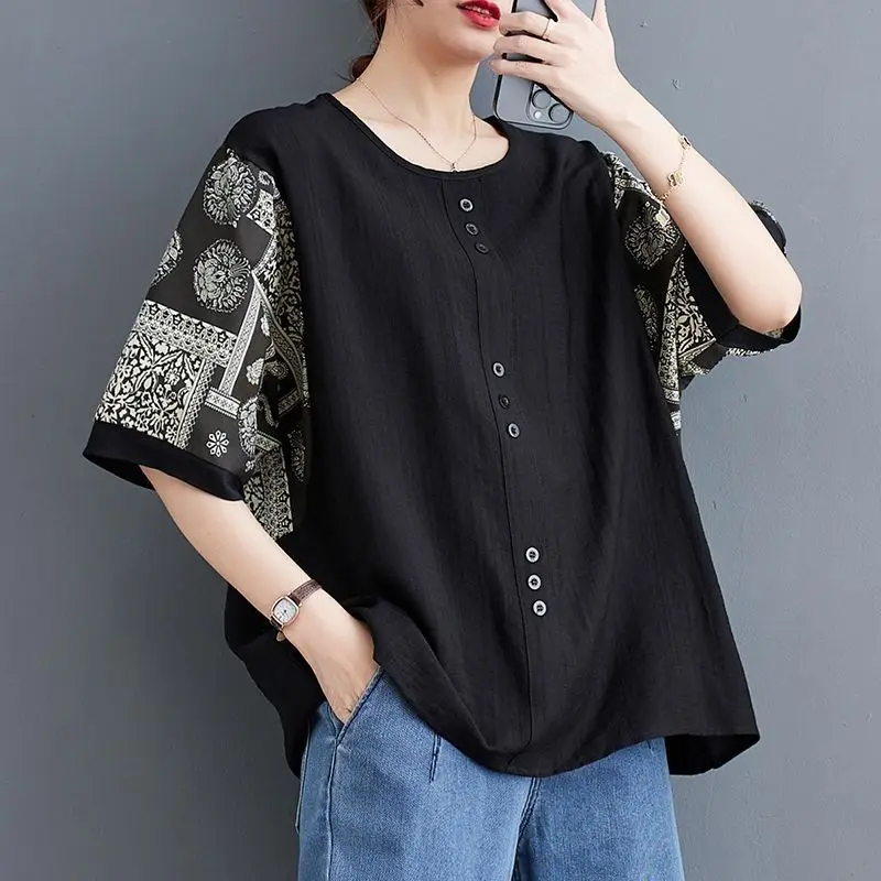 Women\'s Summer Pullover Round Neck Short Sleeve Button Printing T-shirt Elegant Fashionable Comfortable Clothing Chic Tops