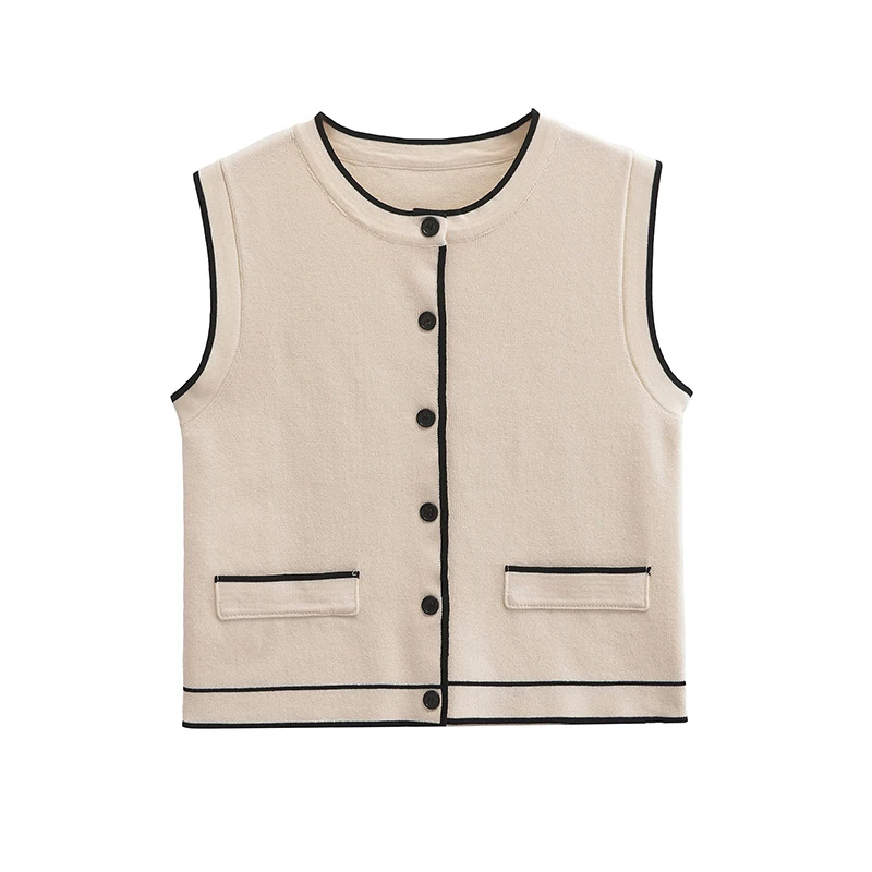 Willshela Women Fashion Beige Patchwork Single Breasted Knitted Vest Tank Tops Vintage O-Neck Sleeveless Female Chic Lady Top