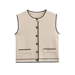 Willshela Women Fashion Beige Patchwork Single Breasted Knitted Vest Tank Tops Vintage O-Neck Sleeveless Female Chic Lady Top