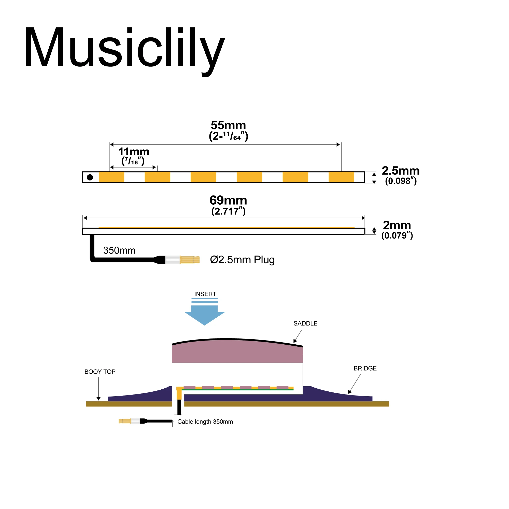 Musiclily Basic Guitar Pickup Under Saddle Piezo for Acoustic/Classical Guitar