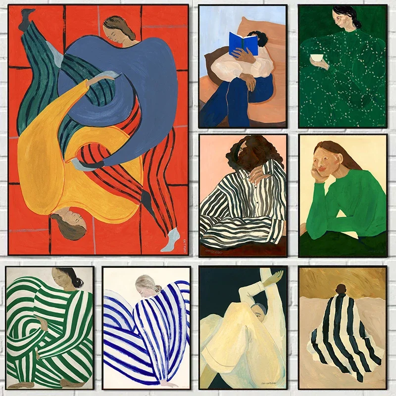 1pc frameless Canvas Painting Abstract Nordic Figure Lines Girl Reading Book Posters Prints Wall Art Canvas Painting Blue Strip