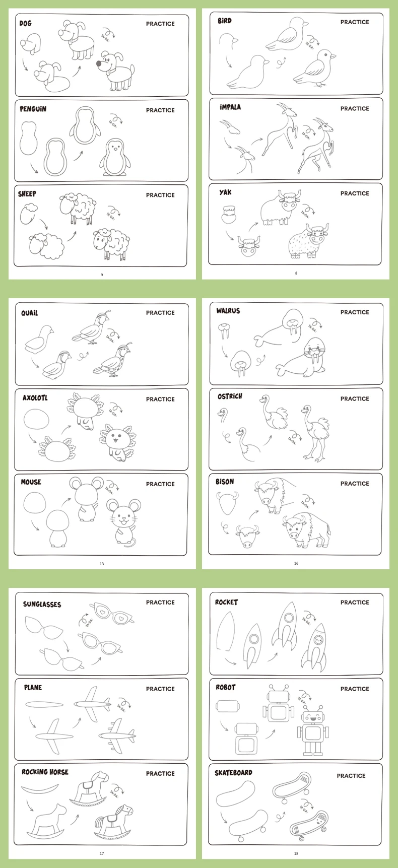 Lustiges Aktivitäts-Zeichenbuch, Tiere, Essen, Alltag, Thema, 4 Stufen, um Zeichnen zu erlernen, Malbuch 96 niedliche Muster – Detail 3