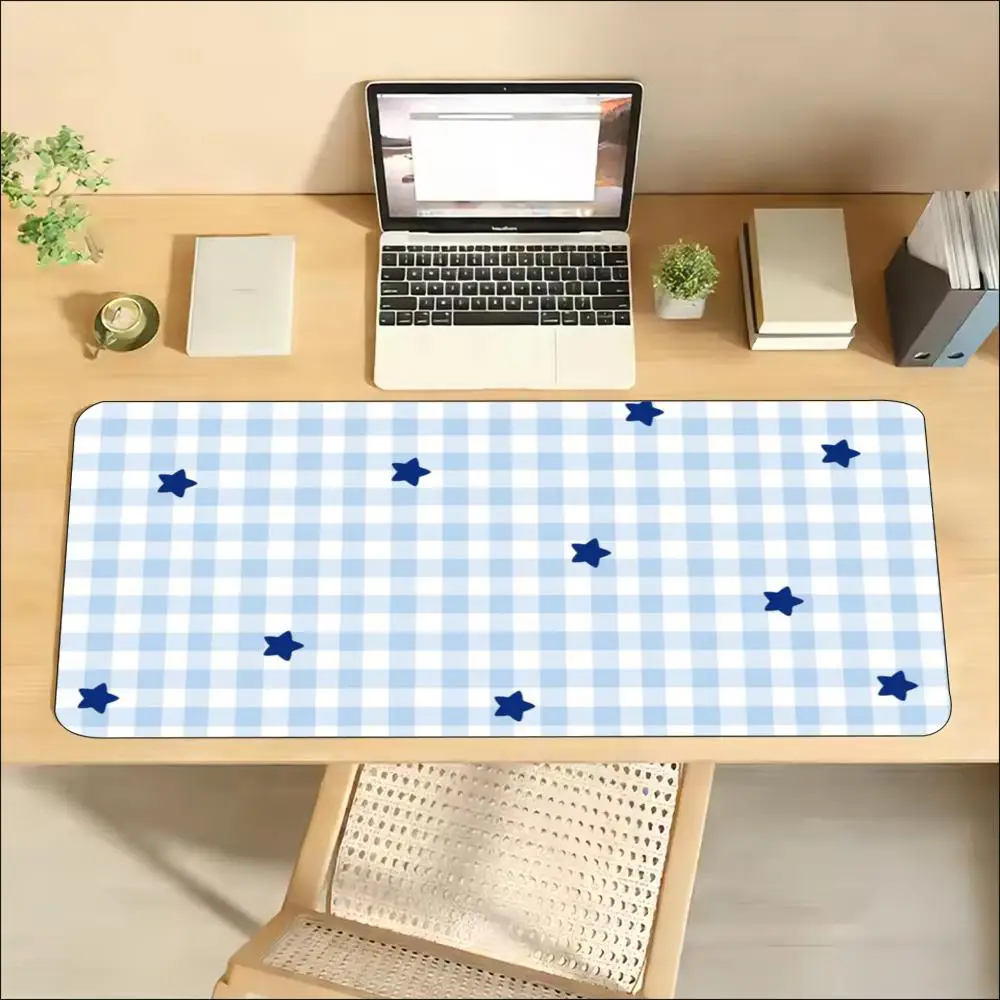 Blue Plaid Star Large Gaming Mouse Pad Non‑Slip Rubber Desk Mat Keyboard Pad Desktop Decor For Office Laptop Gamer Workstation