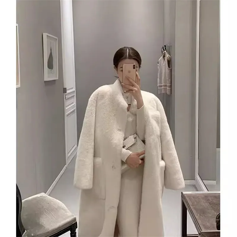 Korean Faux Fur Jacket Women Winter New Fashion Stand Collar Pockets Mid-Length Lamb Thick Fur Coat Female Loose Overcoat W507