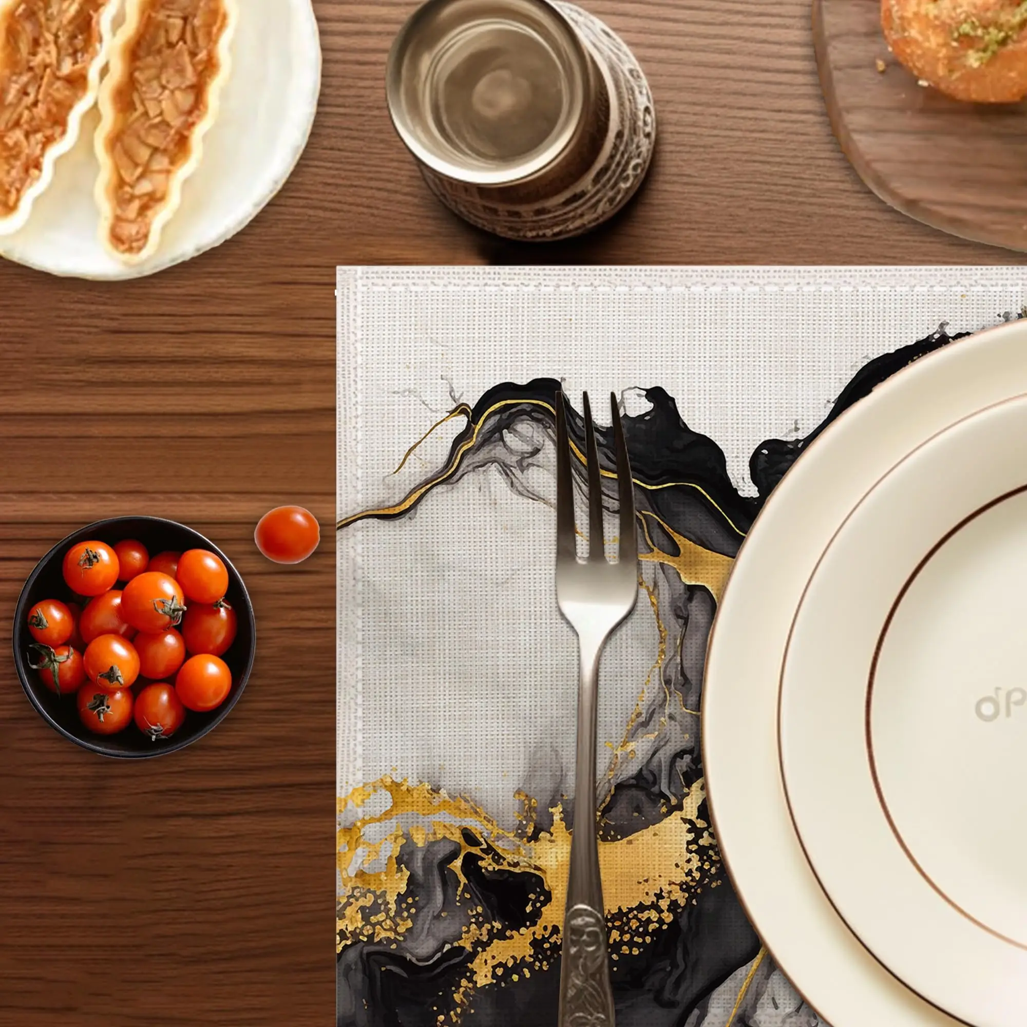 White Black Placemats Set of 6,Washable Heat Resistant 12×18 Inch Linen Table Mats Golden Marble Place Mats for Table Décor
