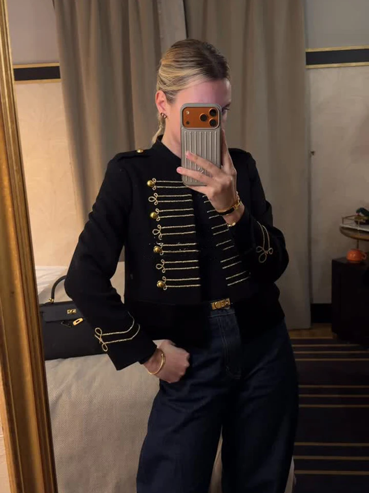 Women's Solid Napoleon Jacket Chic Stand Neck Single Breasted Long