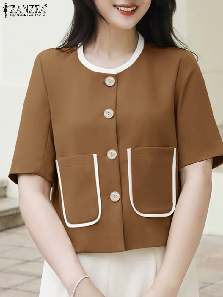 

ZANZEA Casual Contrast-Color Trim Short Shirts Button Up Vintage Short Sleeve Women Chemises Femme 2025 Summer O-Neck Crop Tops