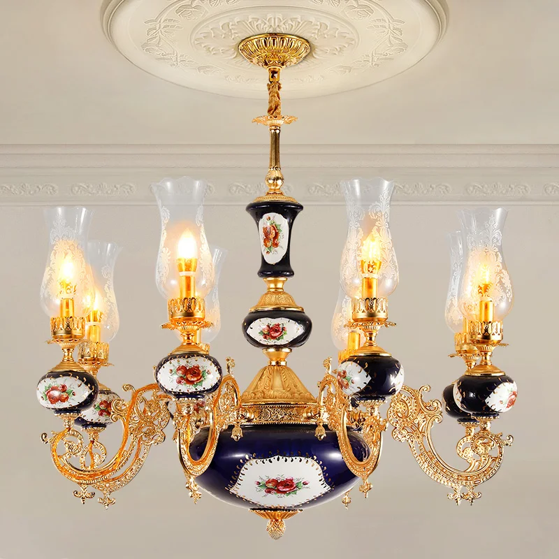 

French Rococo Living Room Copper Dark Blue Ceramic Chandelier European Royal Dining Room Brass Glass Chandelier