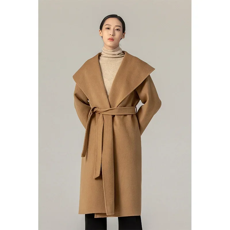 Fine high-count Australian wool double-sided cashmere coat women's wool woolen large lapel jacket