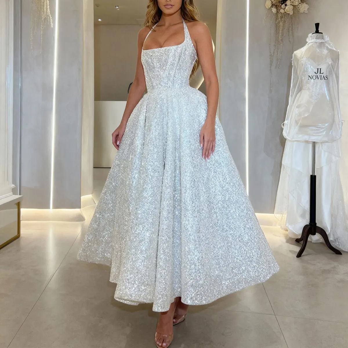 

Romantic Midi Sparkly Ball Gown Wedding Dresses For Women Backless Teal Length Bridal Party Gown For Bride Vestidos Novia