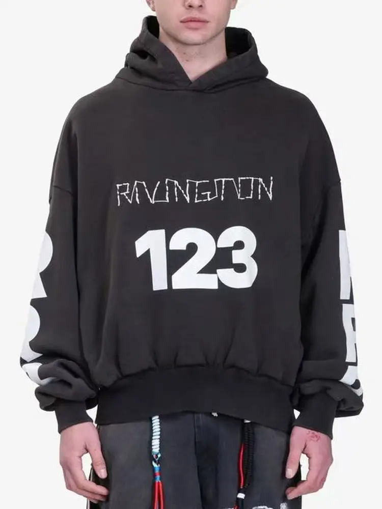 

Свободная посадка, толстовка с капюшоном в американском стиле с цифровой вышивкой, мужская модная уличная одежда с завышенной талией, повседневная длинная све Crew Ne