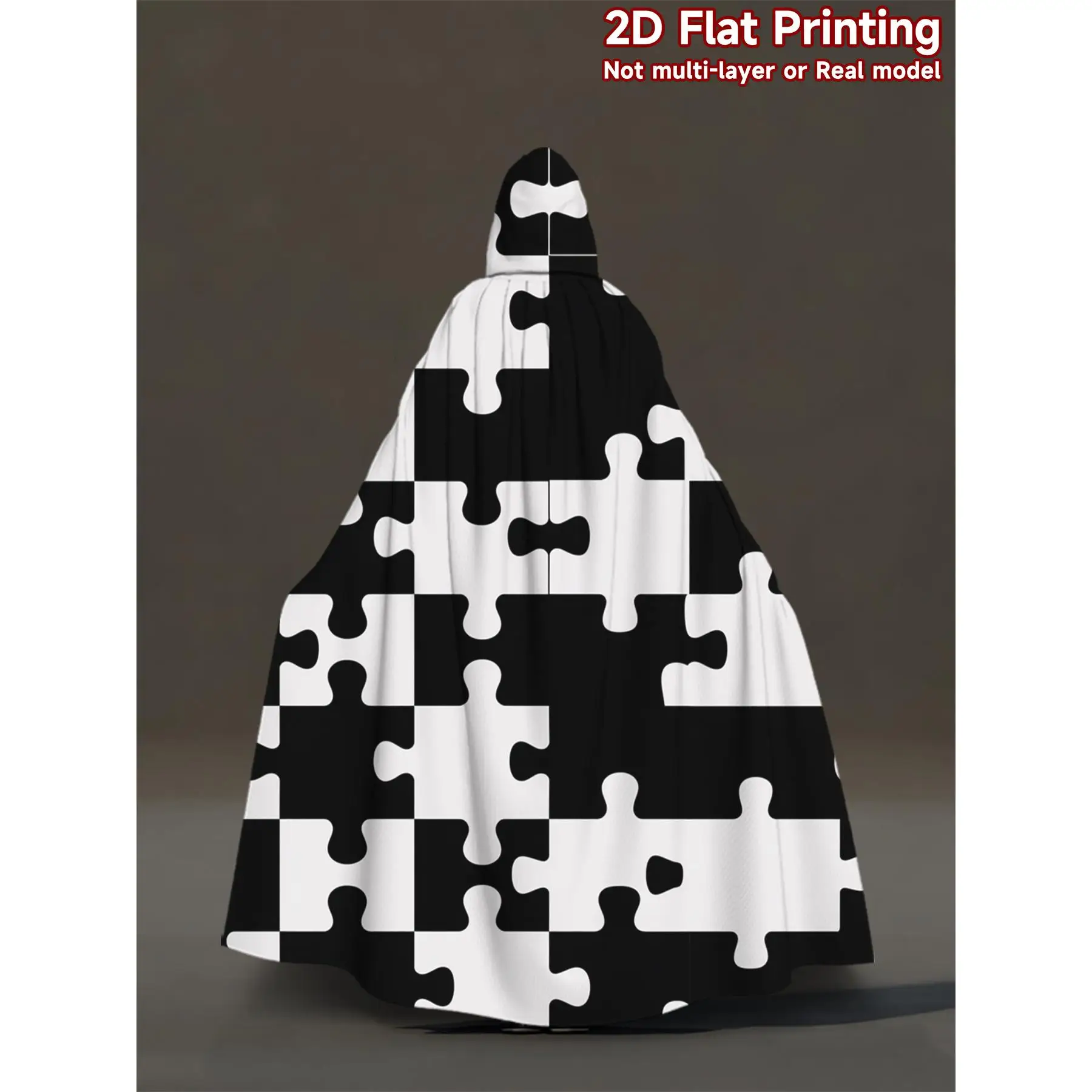 Black and White Puzzle Pattern Hooded Capes Costume Cloak for Cosplay Renaissance Fairs,for HalloweenCarnival Parties