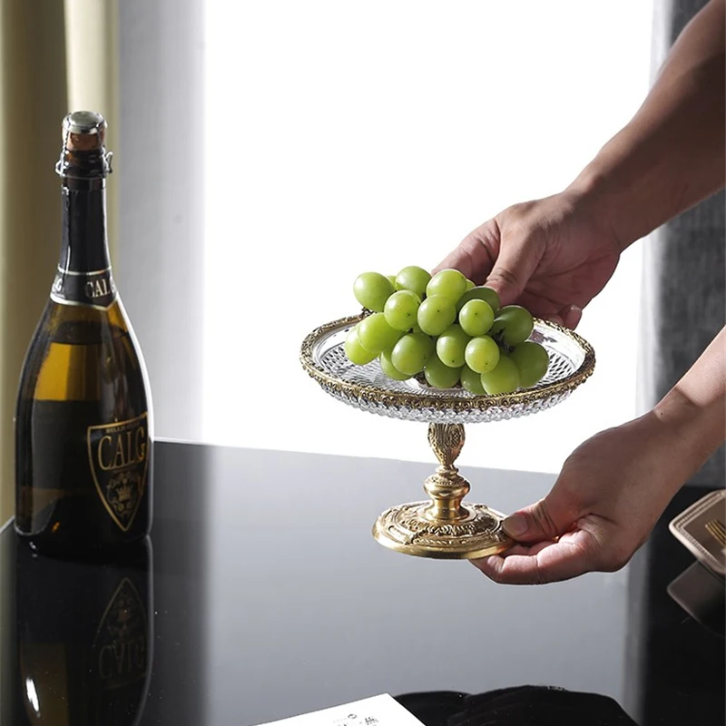 Crystal High Foot Storage Tray Brass Base Livingroom Ornaments Fruit Plate Elegant Luxury Home Coffeetable Dinnertable Storager