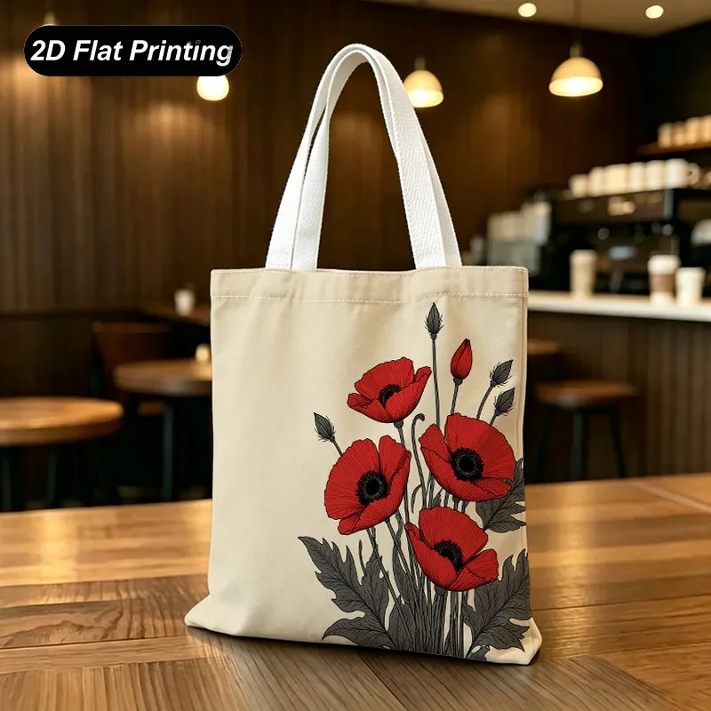1PC【Tote Bag】2DFlat effect，Red flower print tote bag，Large-capacity lightweight model，Adapted shopping、Daily Commute、S