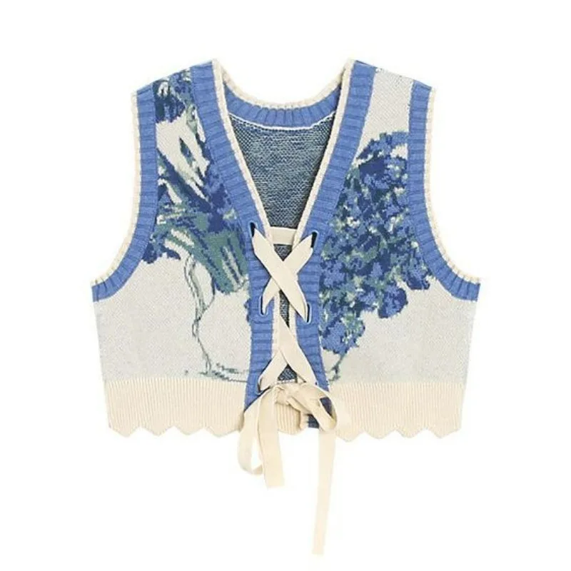 2024 Autumn New Sunflower Jacquard Painting Knitted V-Neck Sweater Vest Lace-up Creative Versatile Vintage Layering Chic Top