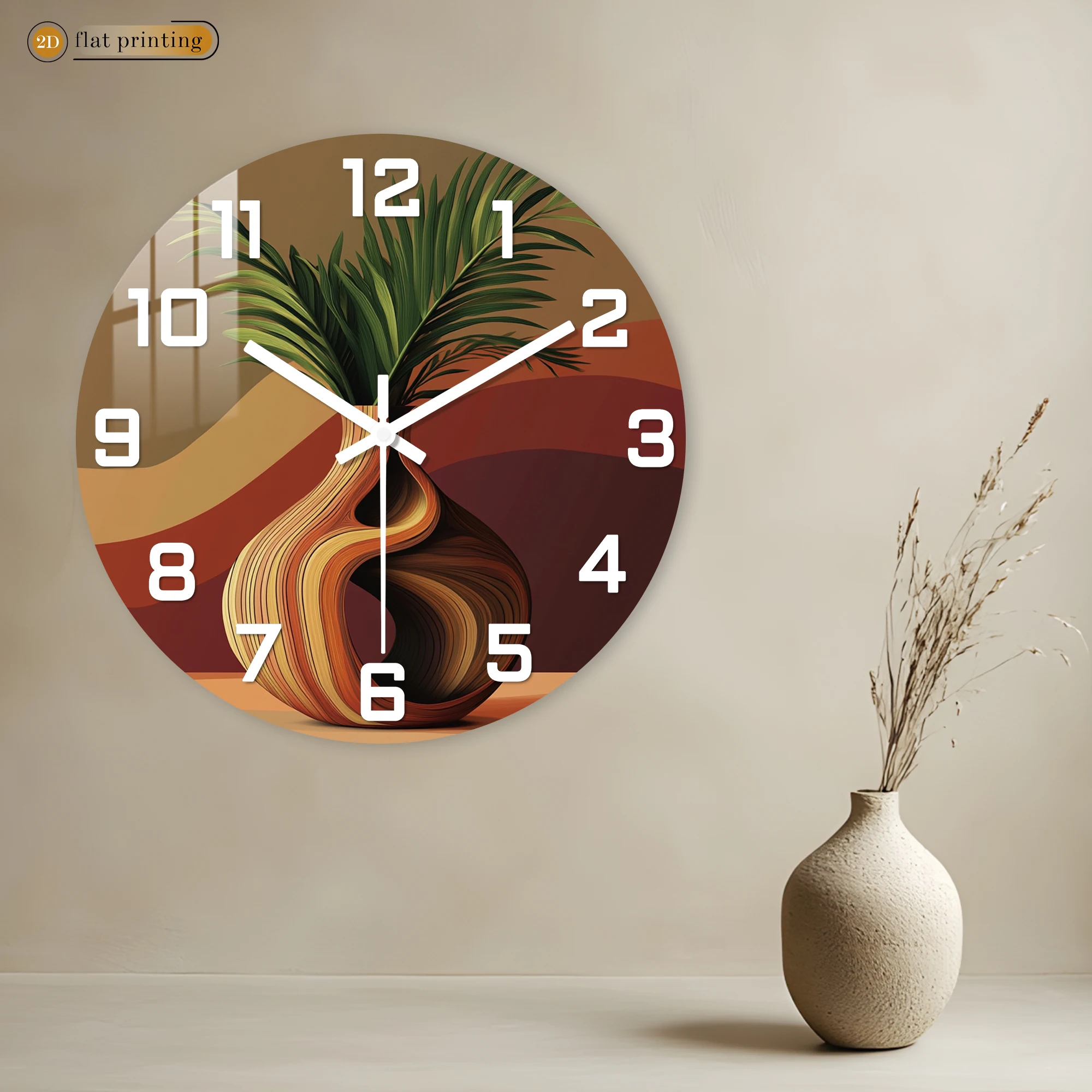 Abstract Twisted Vase with Green Plant Wall Clock, Modern Interior Decor, Silent Quartz Movement Decorative Design