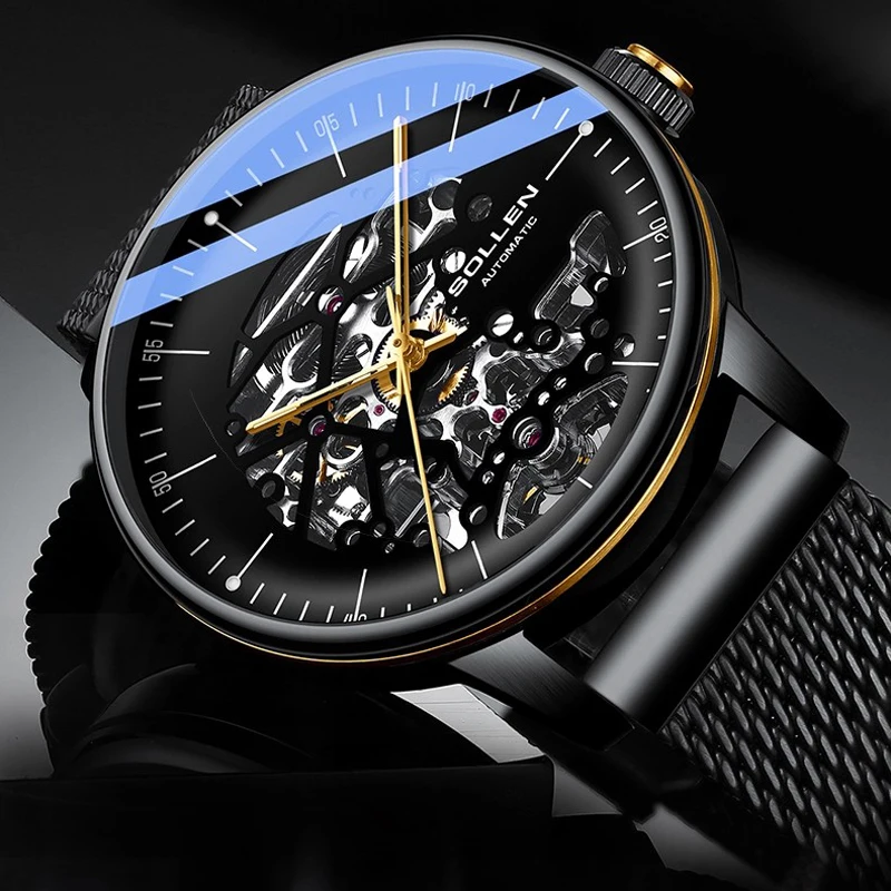 SOLLEN الرجال كامل التلقائي ساعة ميكانيكية 316L شبكة من الاستانلس استيل حزام مقاوم للماء موضة الراقية الرجال الهيكل العظمي ساعات رجالي