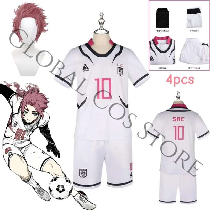 Anime Itoshi Sae Cosplay-Kostüme, weißes, rosafarbenes Jersey-Set mit passenden Shorts, Outfit und Socken für Sport, Uniform, Comic-Rollenspiel