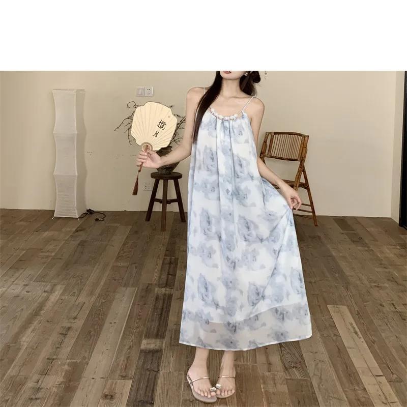 Summer Women's Halter Camis Pullover Tie Dye Pullover Gauze Beaded Gradient Sleeveless Casual Elegant Loose Vintage Ankle Dress