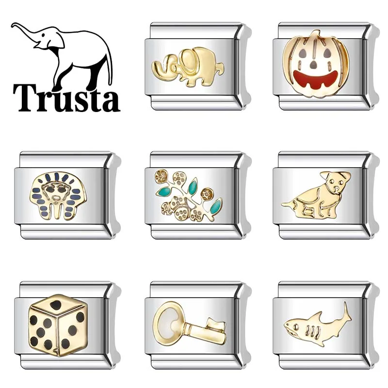 Trusta 2024 New Fashion Golden Pumpkin Key Charm Italian Links 9mm Stainless Steel Bracelet for Women DIY Jewelry Wholesale N249