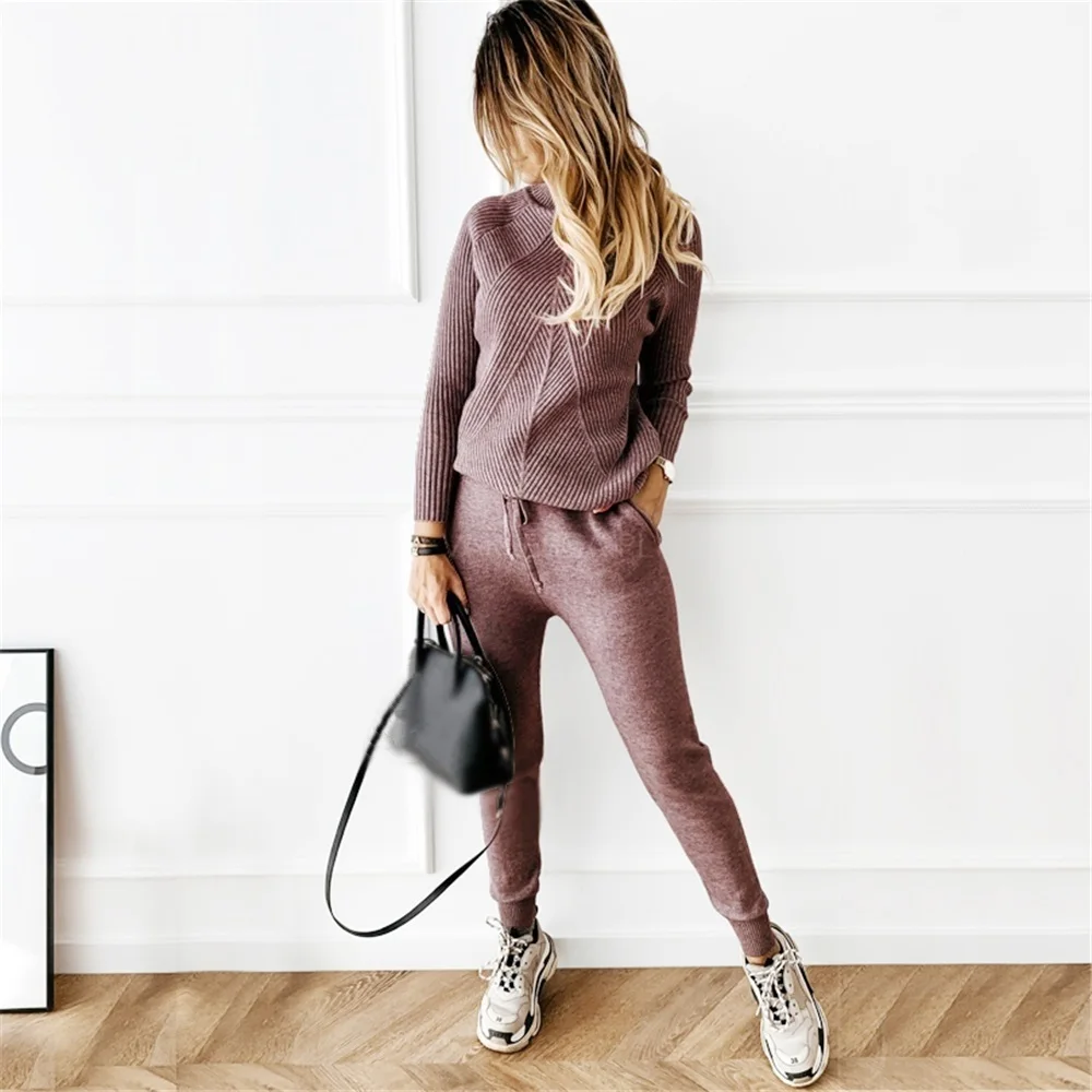 TYHRU Autumn Winter Women\'s tracksuit Solid Color Striped Turtleneck Sweater and Elastic Trousers Suits Knitted Two Piece Set