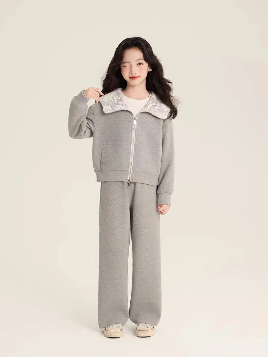 2026 Girls Fashion Lace Zipper Jacket Lapel Casual Pants Set Spring Autumn Kids Clothing