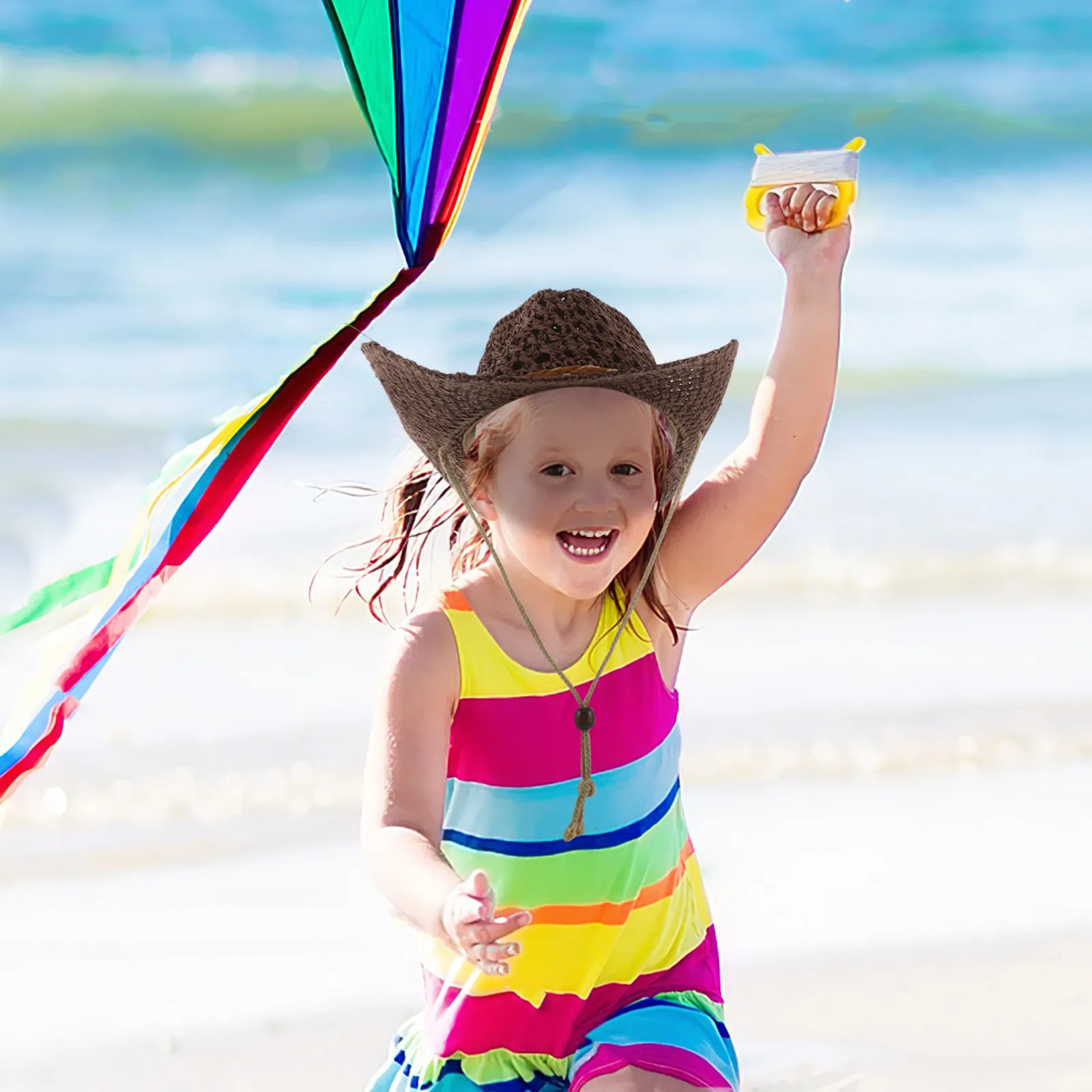 Kids Straw Cowboy Hat Western Style Wide Brim Sun Hat for Girls Boys with Chin Strap Beach Outdoor Vacation Summer Camping view 6