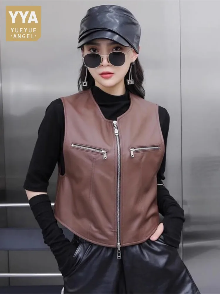 New Women Genuine Leather Vest O-Neck Casual Slim Fit Zipper Motorcycle Biker Sleeveless Sheepskin Jacket Punk Short Waistcoat