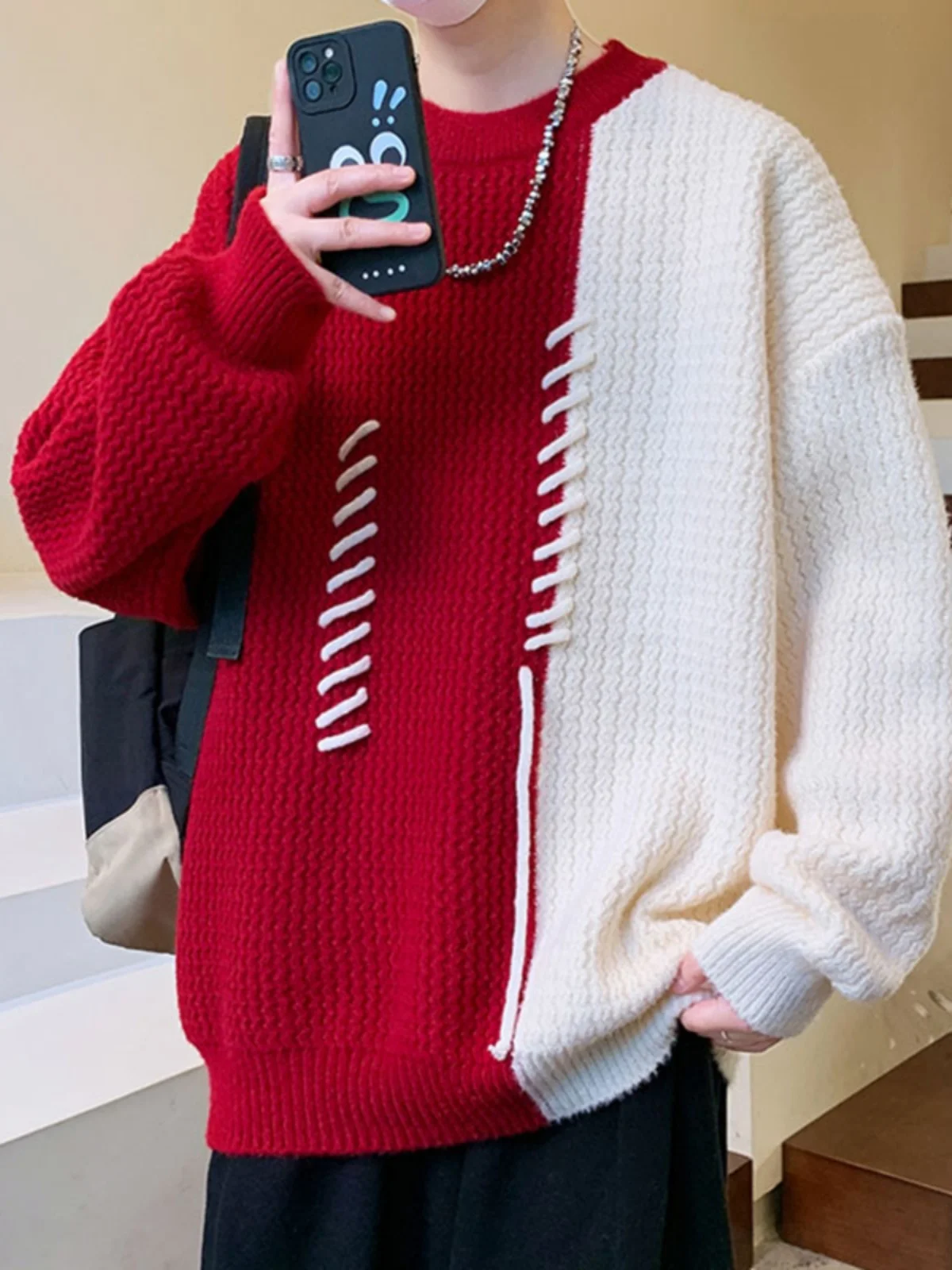 

Мужской вязаный свитер Thiened Fce, зимний, с комбинированным дизайном, базовая одежда для подростков, удобный, из полиэфирного волокна