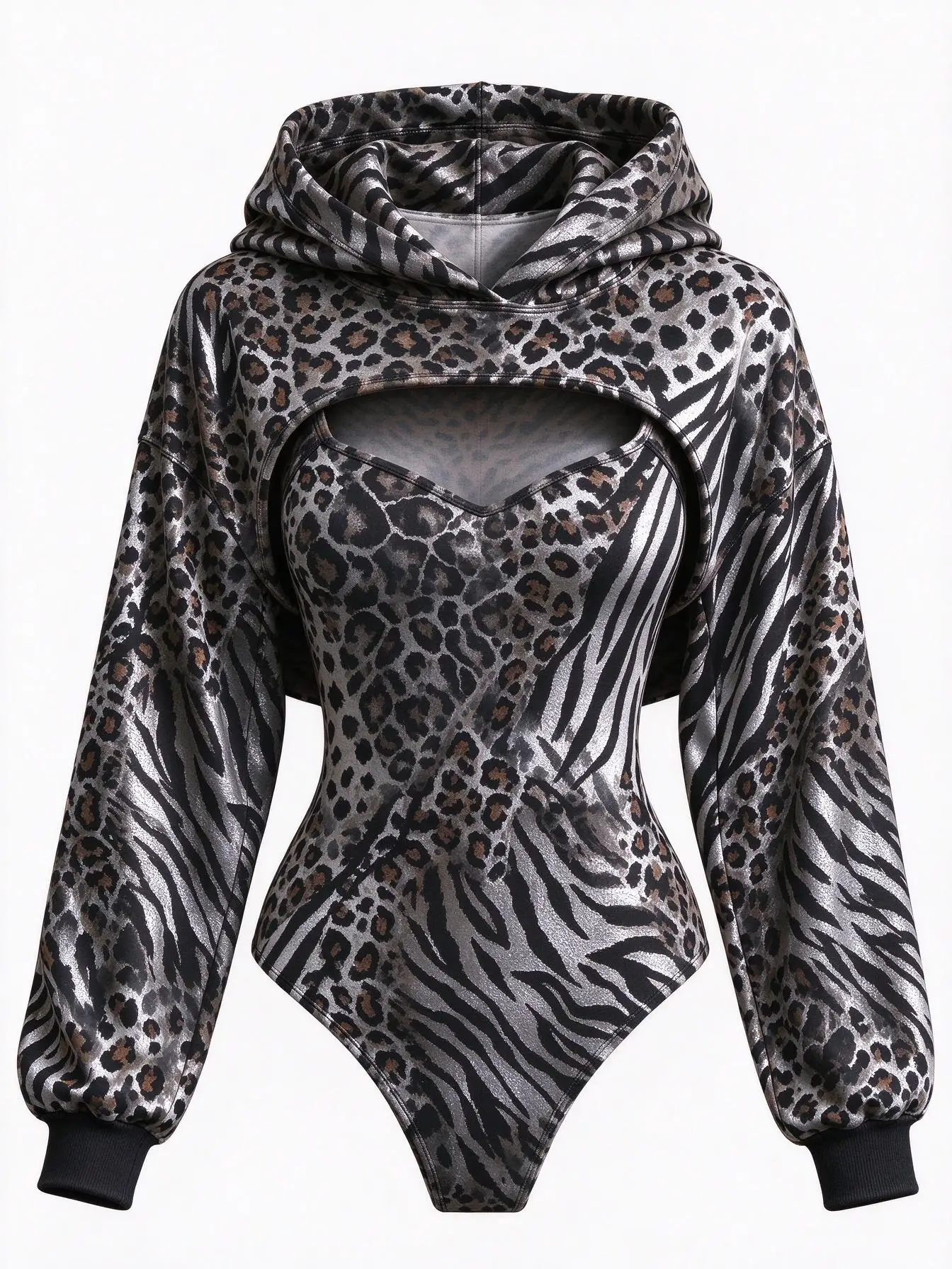 Women Mixed Animal Print Double Hood Bodysuit Hollow Out Long Sleeve Hoodie