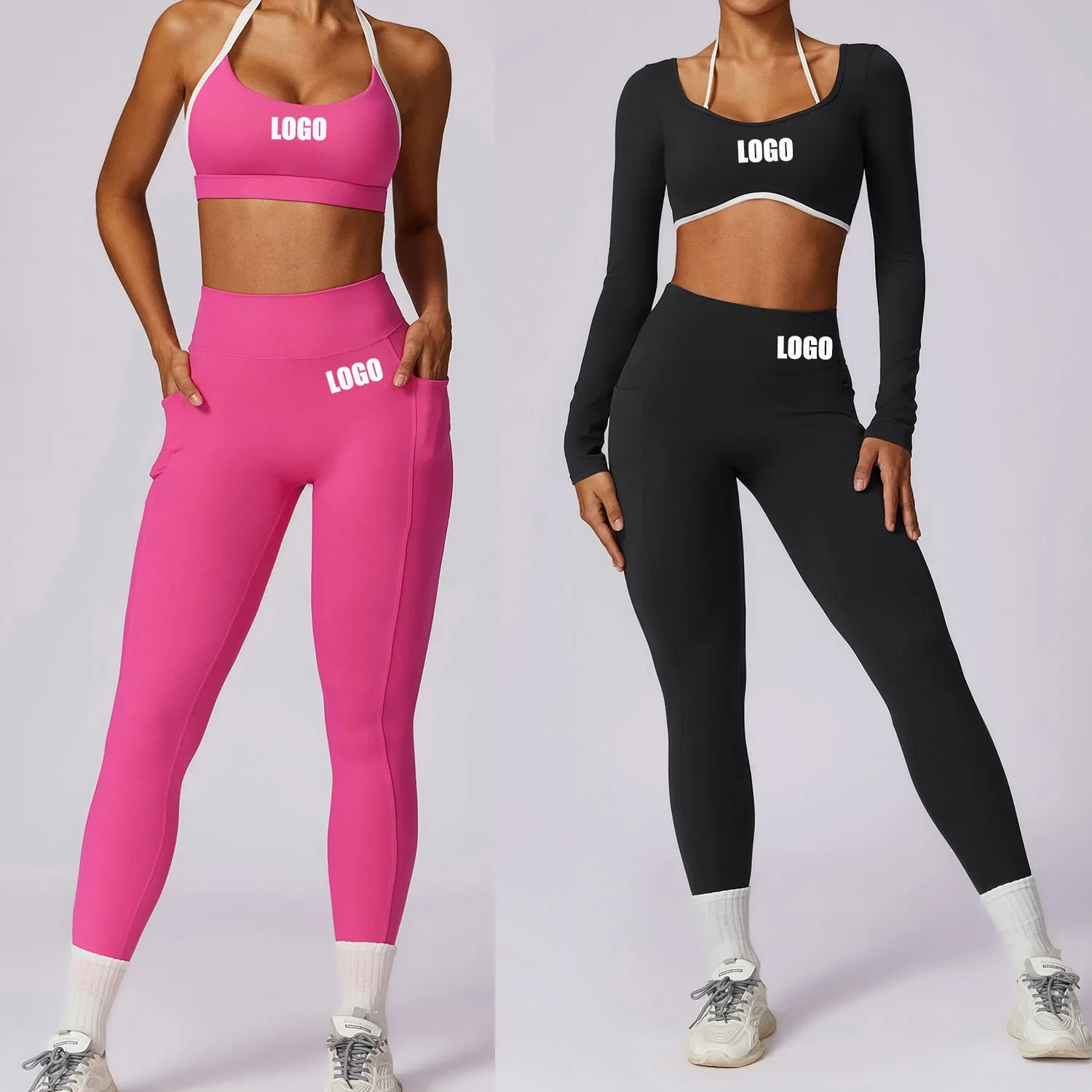 

Custom LOGO women's spring autumn color contrast back yoga suit casual tight sports fitness clothes pocket money