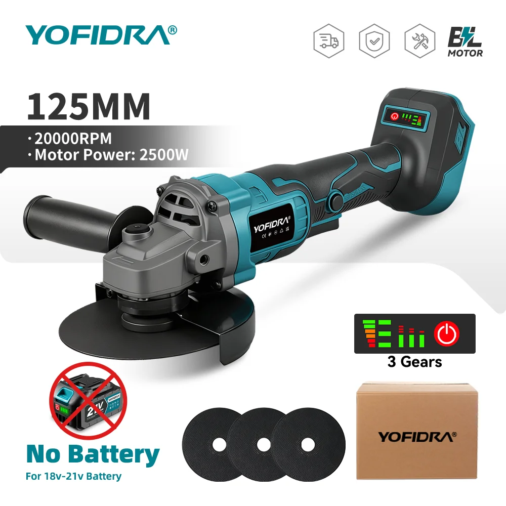 YOFIDRA 125mm Brushless Angle Grinder 20000RPM Cordless Grinding Machine Cutting Woodworking Power Tool For Makita Battery Pin