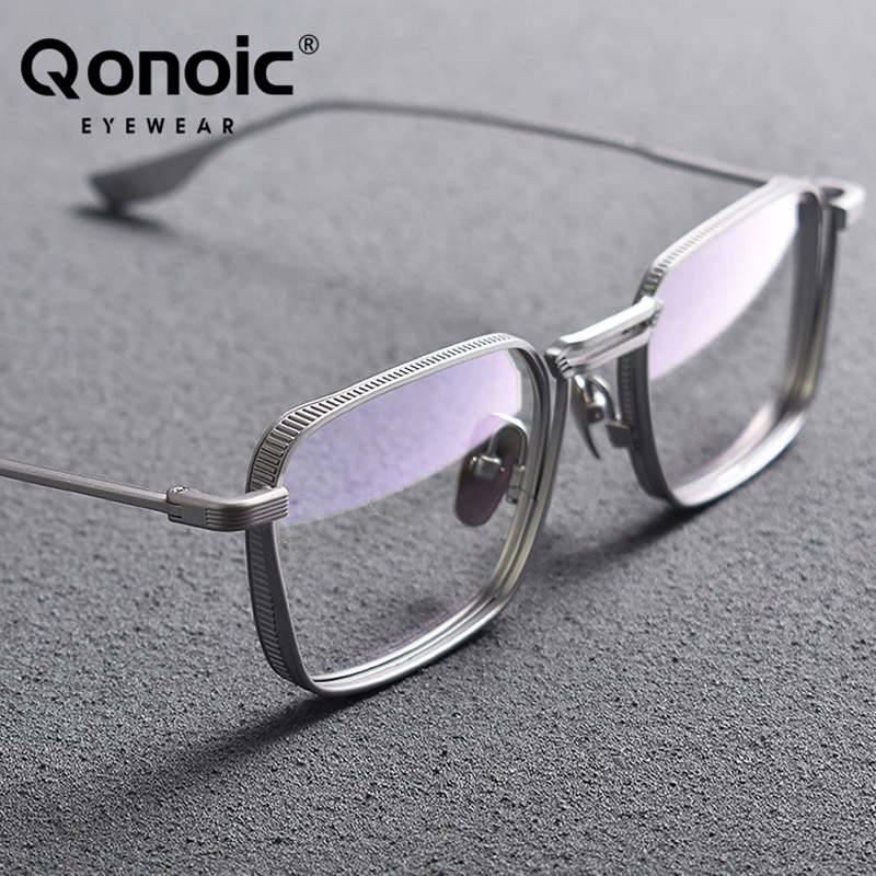 

QONOIC Square Prescription Glasses Frame For Men Pure Titanium Anti Blue Light Glasses Brand Designer Spectacles AT11125