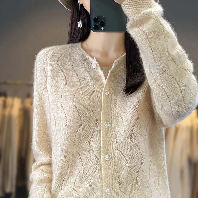 

2025 Spring/Autumn New 100% Pure Wool Sweater Women's Round Neck Cardigan Wave Hollow Cashmere Sweater Jacket Thin Knit Sweater