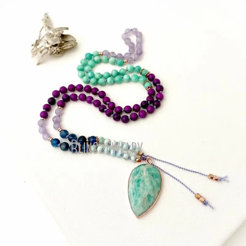 

MN41539 Goddess Mala Necklace With Kyanite Sugilite Amazonite Amethyst Beads 108 Prayer Meditation Yoga Gift