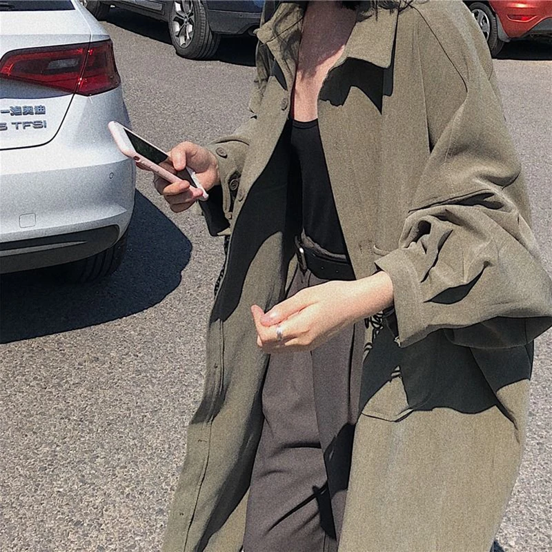 Bat Sleeve Thin Trench Coat Women Loose Lazy Big Pockets Spring Fall Casual Jacket Mid-Long Chic Solid Korean Harajuku Y2K Shirt