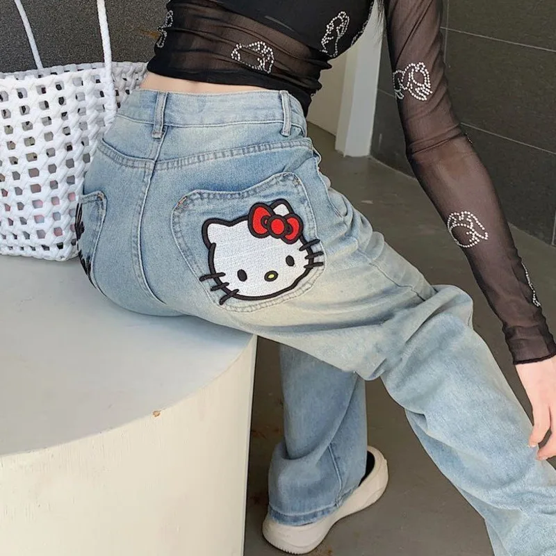 New Hello Kitty Plush Jeans Women's Winter China-Chic Style Embroidery Loose Skinny Straight Leg Denim Pants Clothes