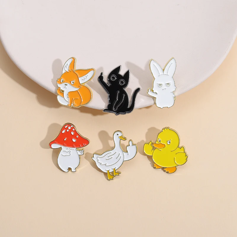 Cute Cartoon Cat Rabbit Enamel Pin Custom Satire Middle Finger Funny Animal Brooches Ins Metal Badge For Student Jewelry Gifts