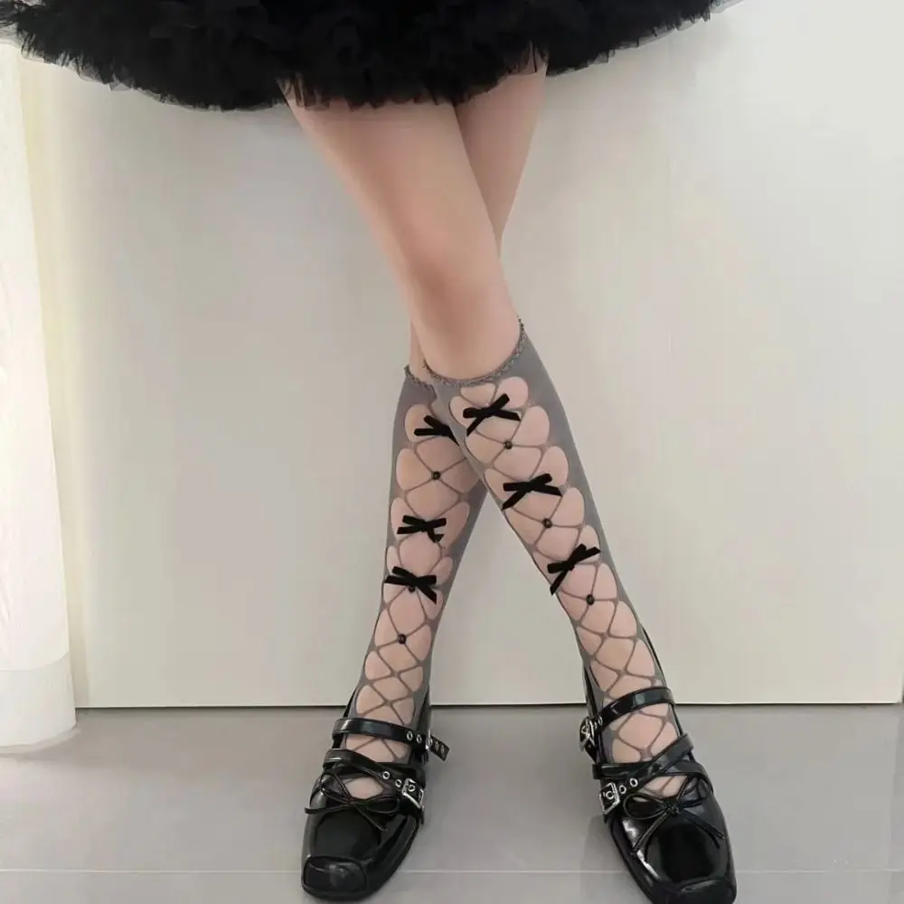 New Hollow Out Fishnet Socks Ruffle Trim Bow Decor Net Stockings Thin Fabric Bow Socks Girls Women