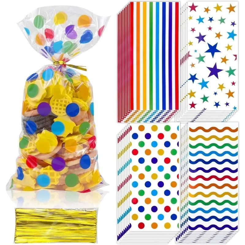 

100Pc Rainbow Cellophane Candy Bags Polka Dot Stripes Star Goodie Clear Bag with Twist Ties for Colorful Birthday Party Supplies