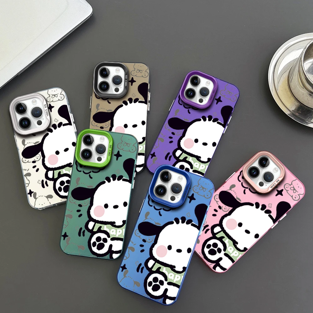 MINISO Cute P-POCHACCO Phone Case For iPhone 16 12 13 14 15 Pro Max Plus Color Electroplated Silver IMD Laser Shell