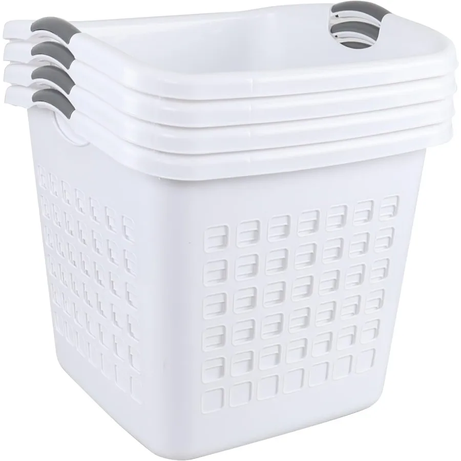 2 Bushel/73L White Laundry Basket Hamper with Cutout Handle, 4 Pack