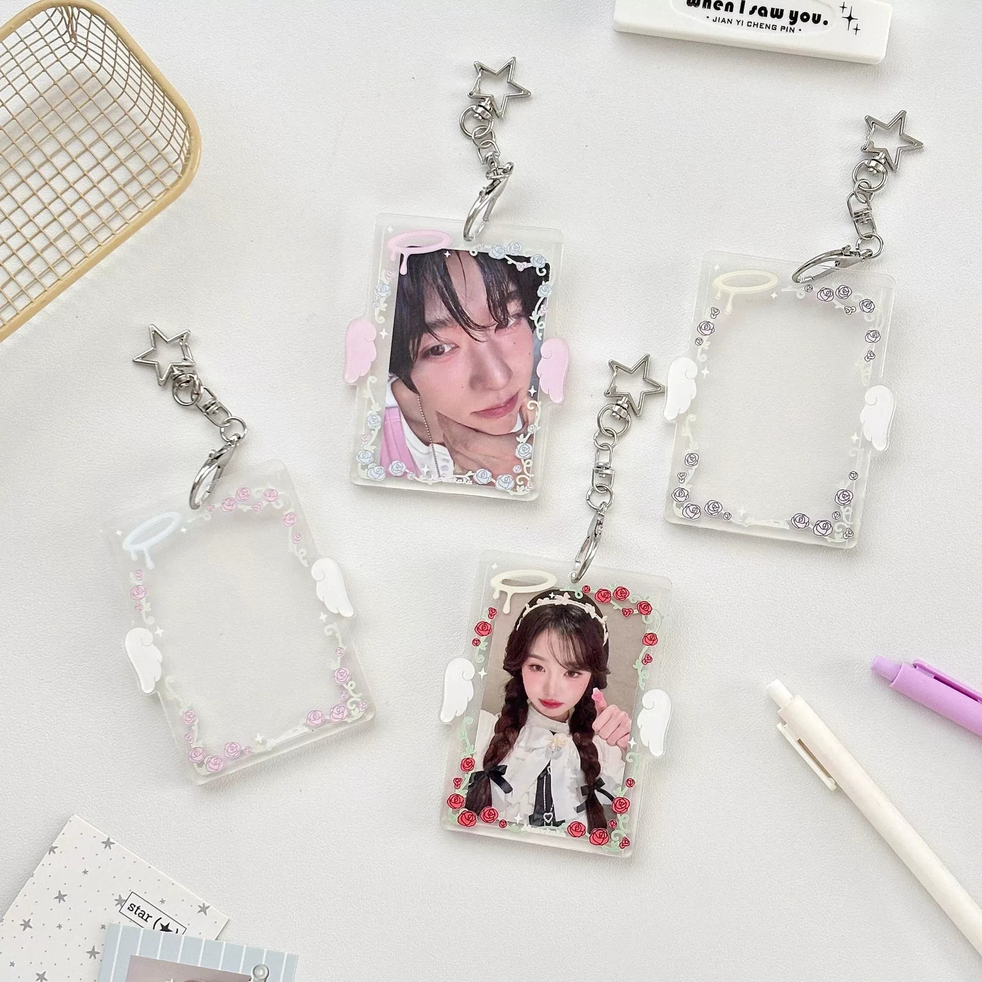 Acrylic Clear Rose Photocard Keychain Photo Card Holders 2.7x4.1 Inch ID Badge Holder Bus Card Credit ID Bank Wings Card Holder