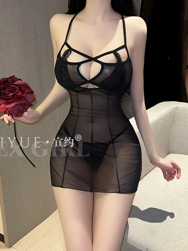 Desire Sexy Reine Uniform Schwarz Sheer Hängenden Hals Stil Sling V-ausschnitt Kleid Elegante Hohe Taille Schlank Mini Kleid Sommer V2O6