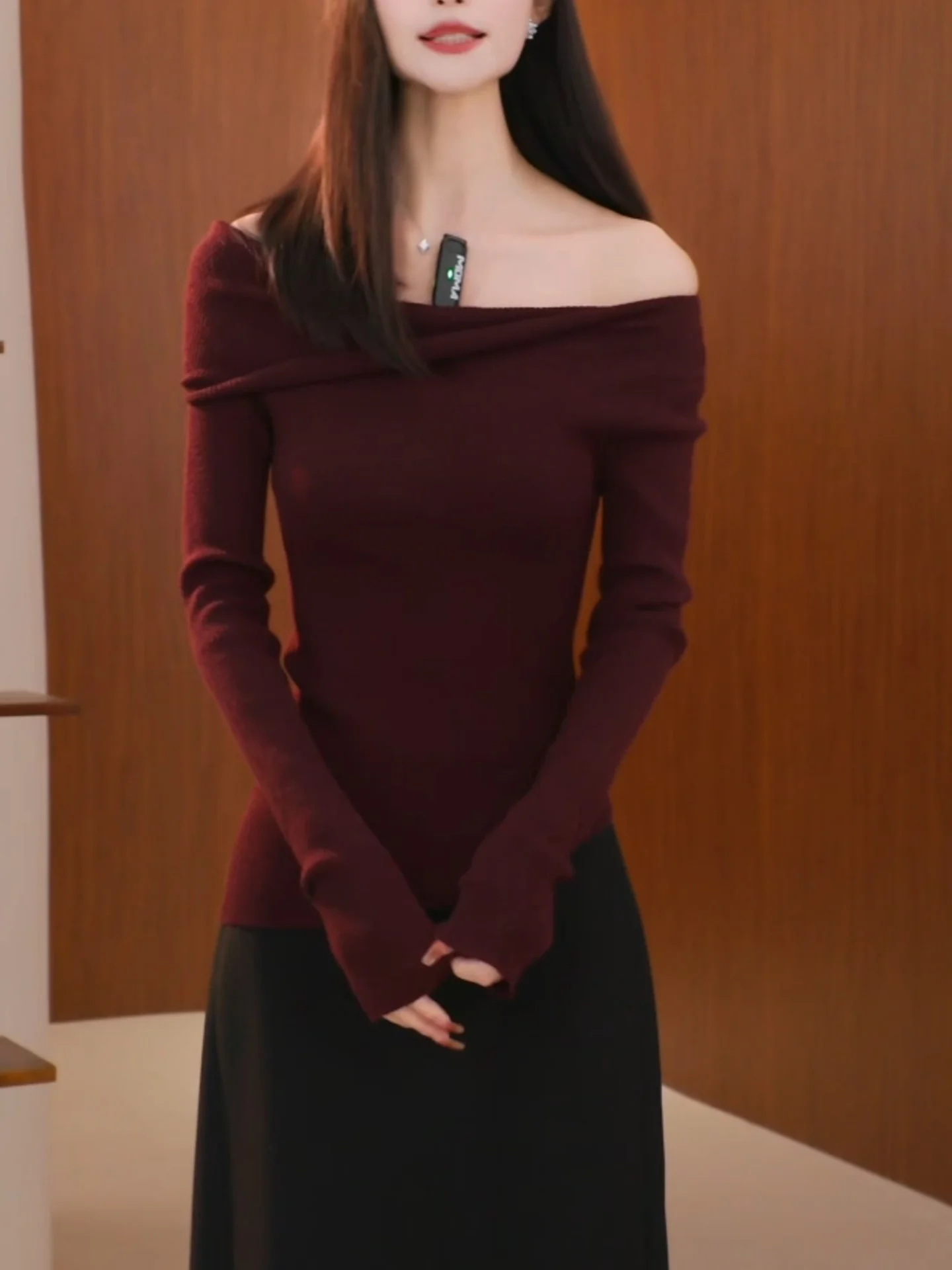 

Faionable Red Knitted Slant oulder Women's Sweater Base irt Autumn Winter plus Size Ele Sle Long Sve Crew Ne