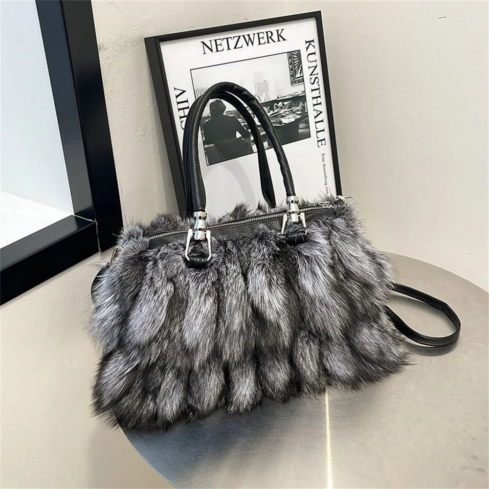 

Women Real Fox Fur Bag New Large Capacity Autumn Winter Fox Fur Tote Bag Versatile Handbag For Women Bag Messenger Shoulder Bag
